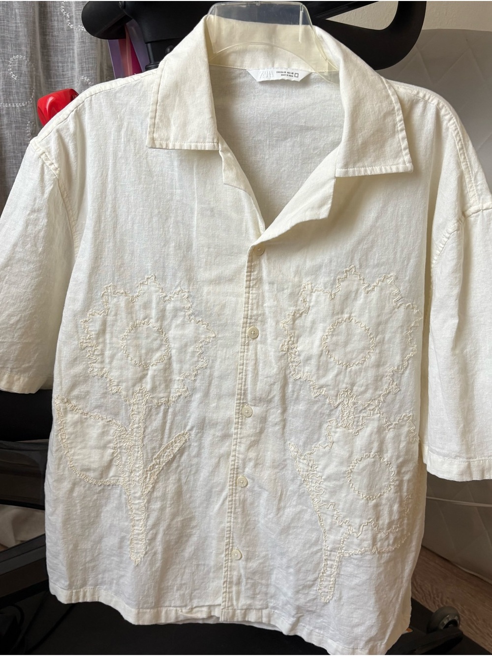 Zara Man Ecru. Cotton/Linen Embroidered relax Button Shirt